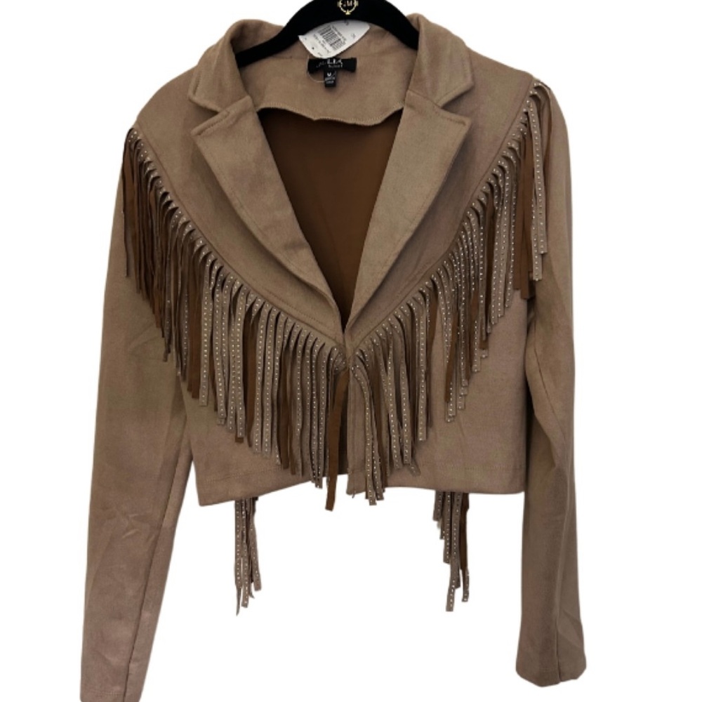 Tan and Brown Blazer with Fringe Details